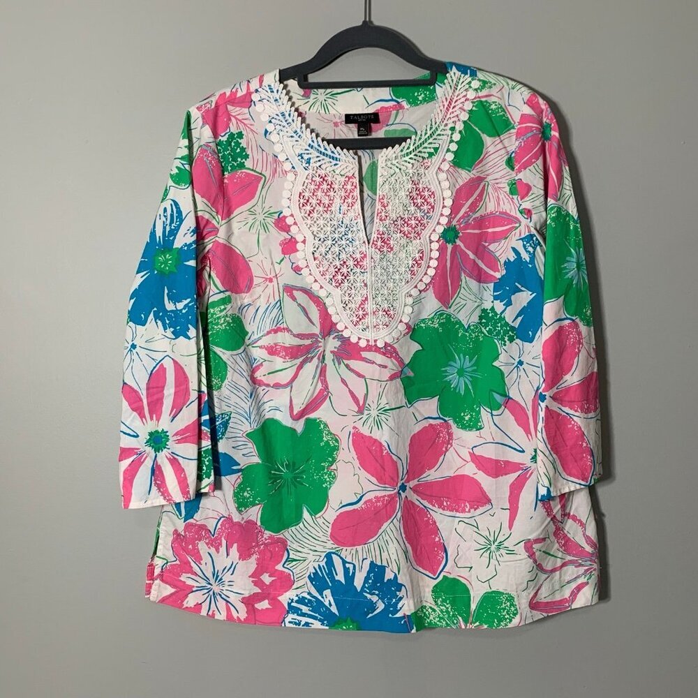 Talbots Medium‎ Petite Floral Blouse Top Pink Green Blue Crochet Trim